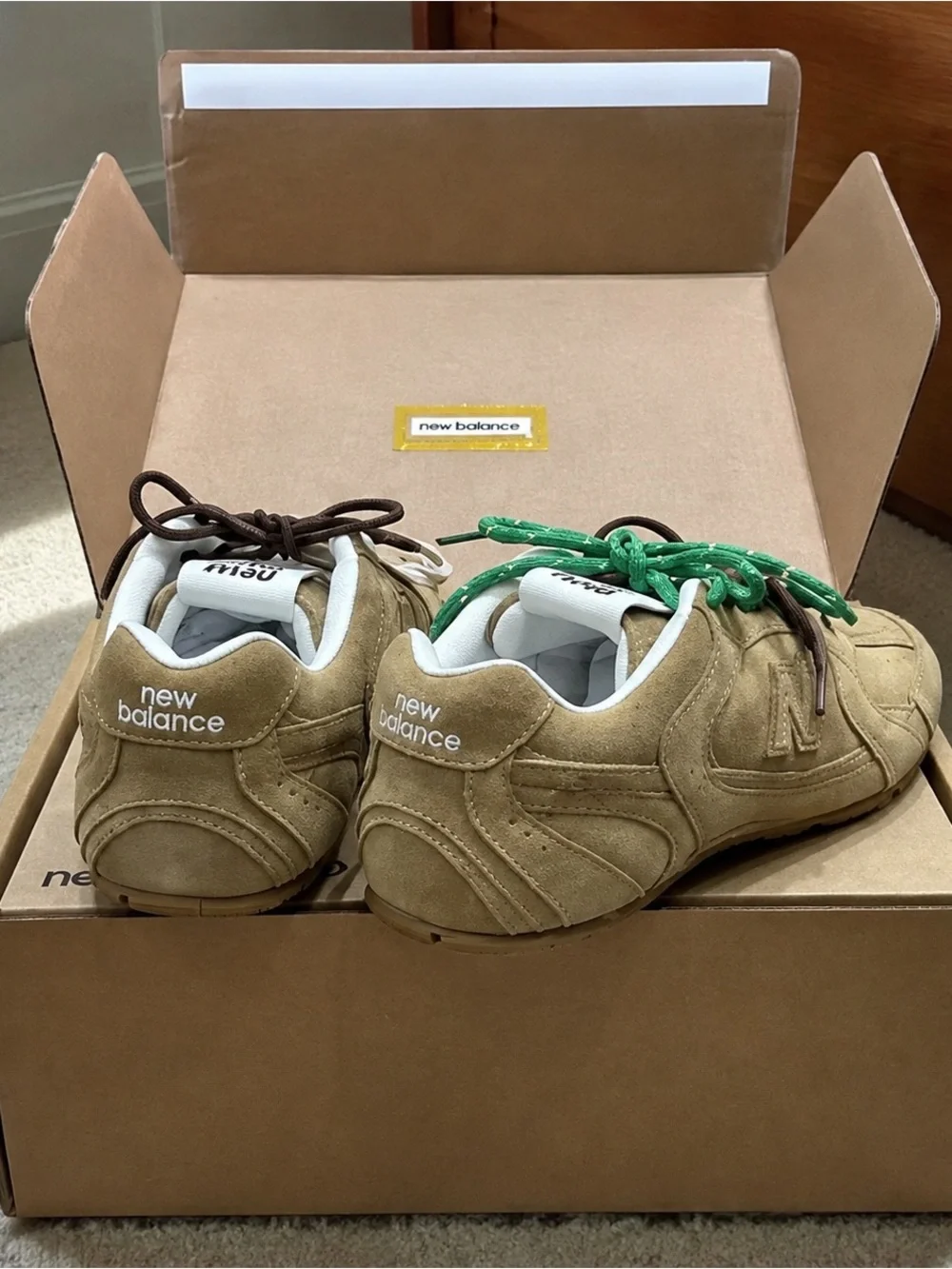 Miu Miu Taupe Suede Men’s Sneakers with Green Accent Laces